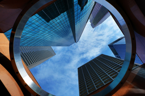 Upwards view of city skyscrapers