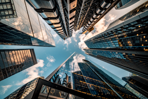 Upwards view of skyscrapers in city